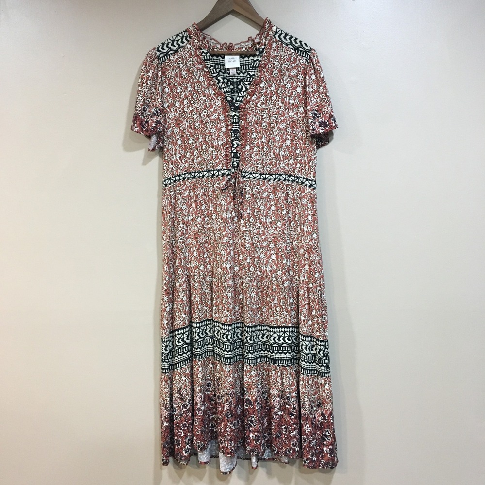 Knox Rose Floral Tiered Midi Dress Women Large Brown Boho Cottage Prairie Hippie